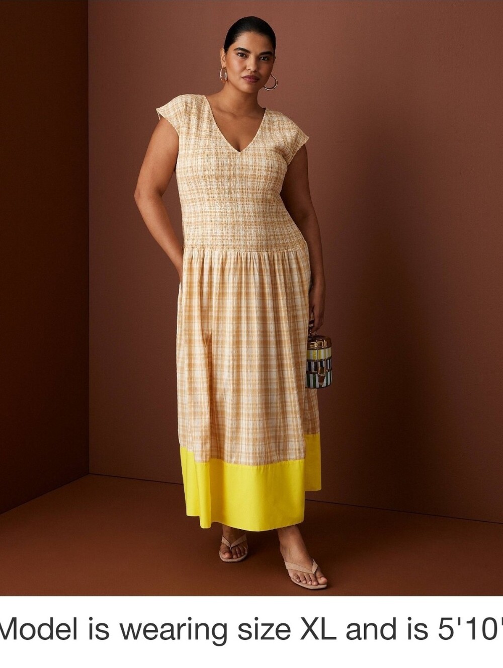 Rosie Assoulin Women Short Sleeve Smocked Gingham Drop Waist Maxi Dress SIZE L